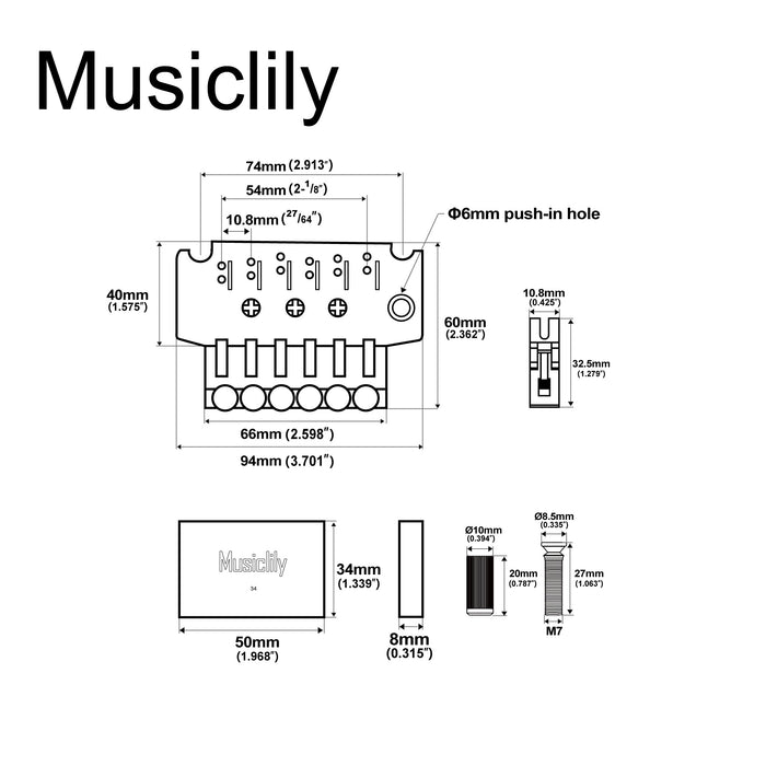Dimensions of musiclily pro 54mm 2 1 8 inch string spacing 34mm full solid brass block double locking tremolo bridge with push in trem arm for fr style electric guitar mx2575cr