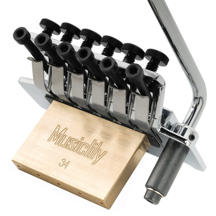 detail of musiclily pro 54mm 2 1 8 inch string spacing 34mm full solid brass block double locking tremolo bridge with push in trem arm for fr style electric guitar mx2575cr