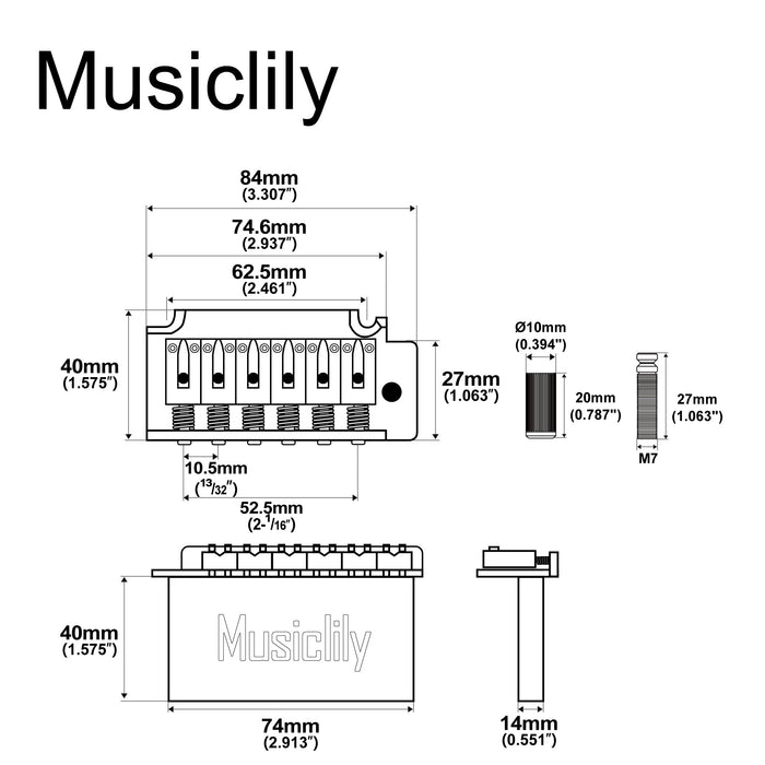 Dimensions of musiclily pro 52 5mm 2 point modern style saddles guitar tremolo bridge with 40mm solid brass block for squier strat style electric guitar mx2585p