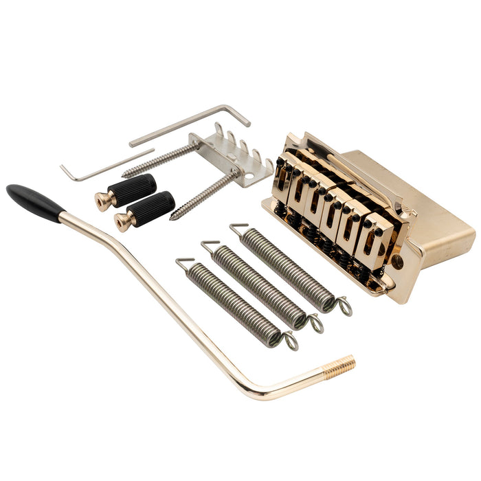 musiclily pro 52 5mm 2 point modern style saddles guitar tremolo bridge with 40mm solid brass block for squier strat style electric guitar mx2585p, gold