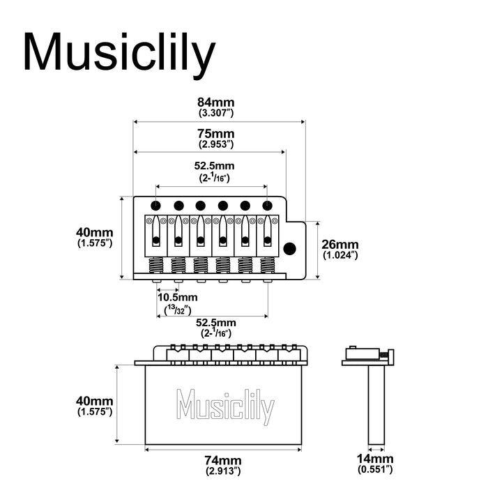 Dimensions of musiclily pro 52 5mm 6 screw modern style saddles guitar tremolo bridge with 40mm brass block for squier strat style electric guitar mx2591p