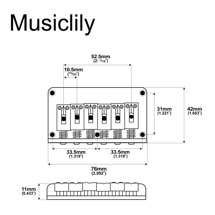 Dimensions of musiclily pro 52 5mm2 1 16 inch modern hardtail fixed bridge for strat tele style electric guitar mx2603p
