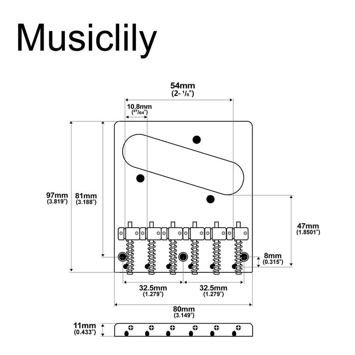 Dimensions of musiclily pro 54mm modern guitar bridge with barrel brass 6 saddle and steel plate for tele style electric guitar mx2607p