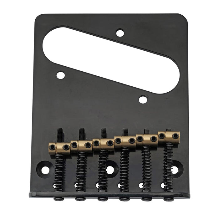 detail of musiclily pro 54mm modern guitar bridge with barrel brass 6 saddle and steel plate for tele style electric guitar mx2607p