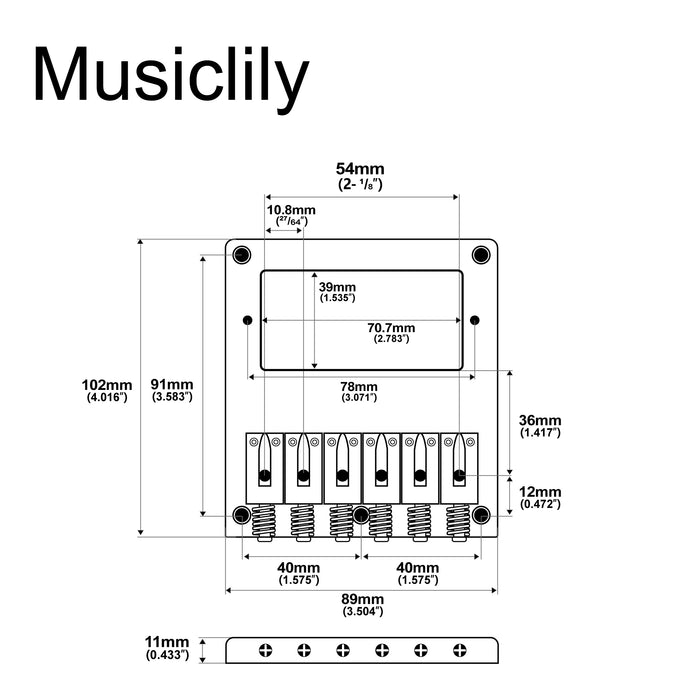 Musiclily Pro 54mm Modern Humbucker Guitar Bridge with Zinc Alloy 6-Saddle and Steel Plate for Tele Style Electric Guitar