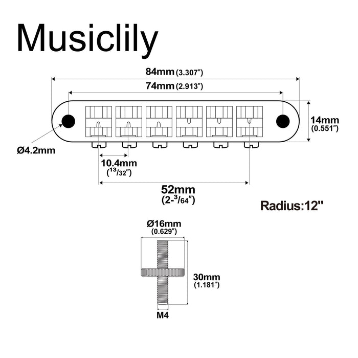Dimensions of musiclily pro 52mm string spacing abr 1 tune o matic bridge wide body lp bridge for epiphone lp sg style electric guitar mx2616p