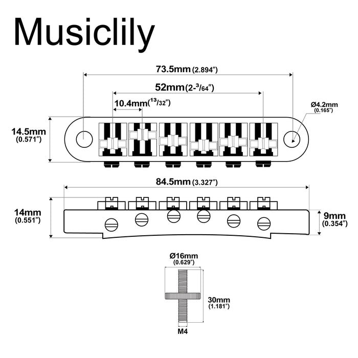Dimensions of musiclily pro 10 4mm roller saddle bridge abr tune o matic bridge with m4 post for lp style electric guitar mx2617p