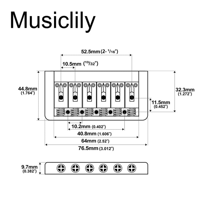Dimensions of musiclily pro 52 5mm2 1 16 inch string spacing modern style saddle hardtail fixed bridge non tremolo bridge for strat tele style electric guitar mx2625p
