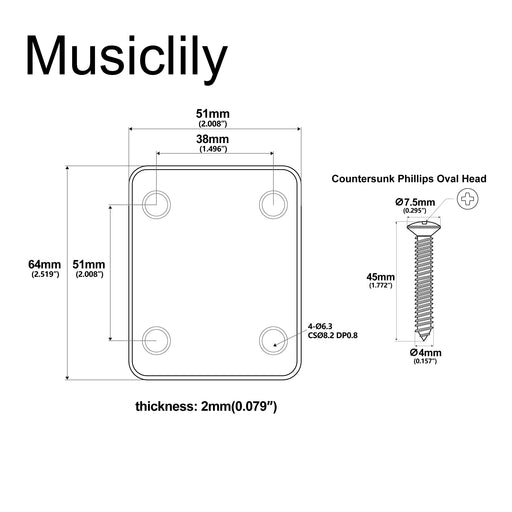 Dimensions of musiclily pro heavy duty steel rectangle neck plate 4 hole neck joint board for guitar bass mx2630p