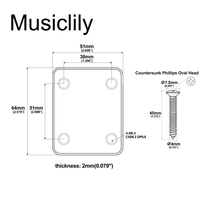 Dimensions of musiclily pro heavy duty steel rectangle neck plate 4 hole neck joint board for guitar bass mx2630p