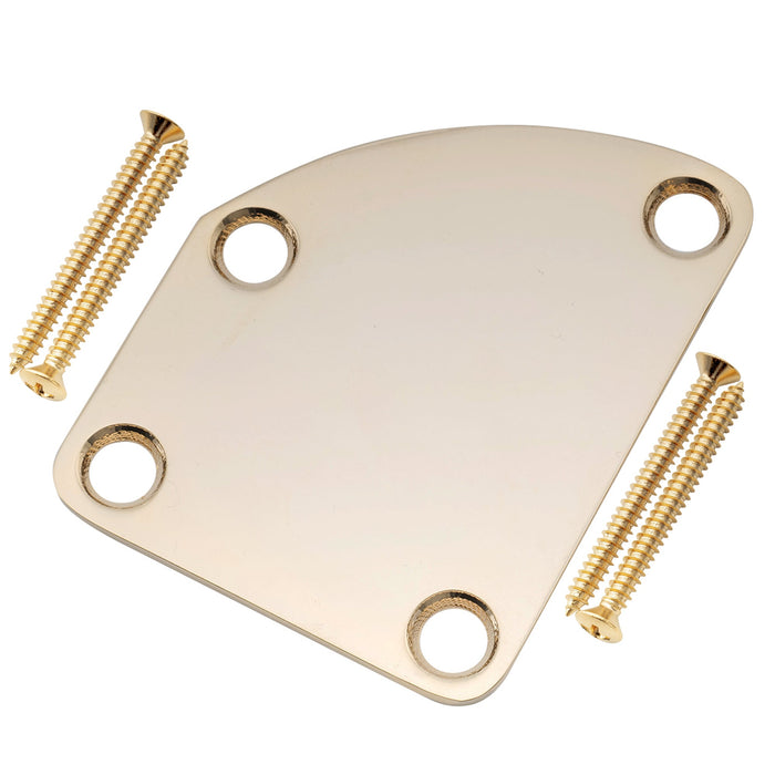 musiclily pro heavy duty steel curved cutaway semi round neck plate 4 hole neck joint board for guitar bass mx2631p, gold
