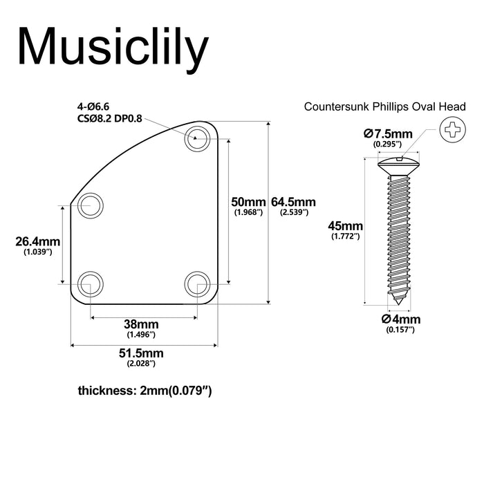 Dimensions of musiclily pro heavy duty steel curved cutaway semi round neck plate 4 hole neck joint board for guitar bass mx2631p