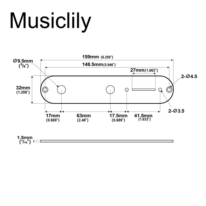 Dimensions of musiclily pro 32mm steel control plate for tele style electric guitar mx2633p