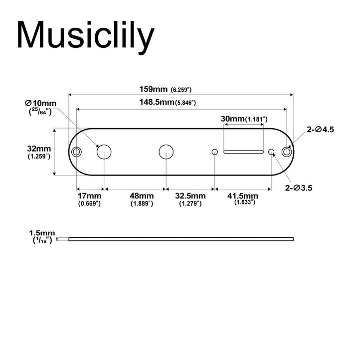 Dimensions of musiclily pro 32mm steel control plate with narrow pots hole spacing for tele style electric guitar mx2634p
