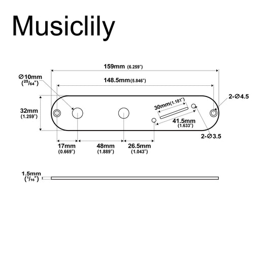 Dimensions of musiclily pro 32mm steel control plate with narrow pots hole spacing and angled switch slot for tele style electric guitar mx2635p