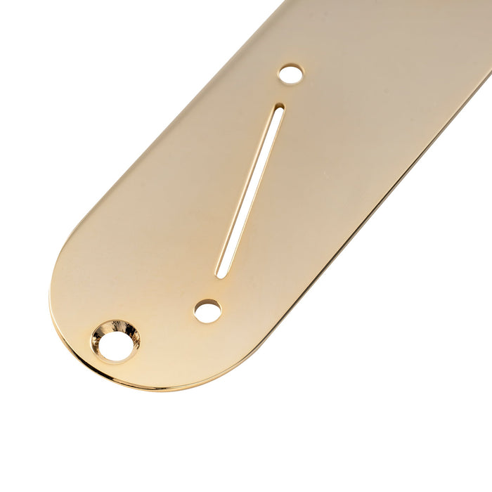 detail of musiclily pro 32mm steel control plate with narrow pots hole spacing and angled switch slot for tele style electric guitar mx2635p