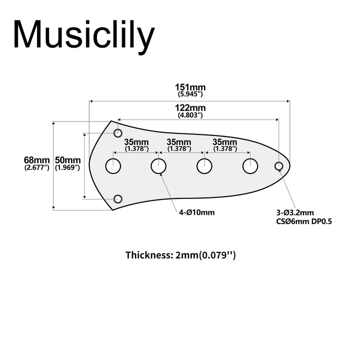 Dimensions of musiclily pro steel 4 hole jazz bass control plate for jb style electric bass mx2636p