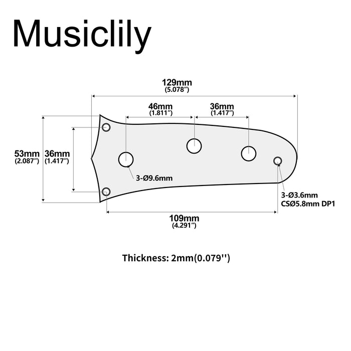 Dimensions of musiclily pro steel 3 hole guitar control plate for mustang style electric guitar mx2637p