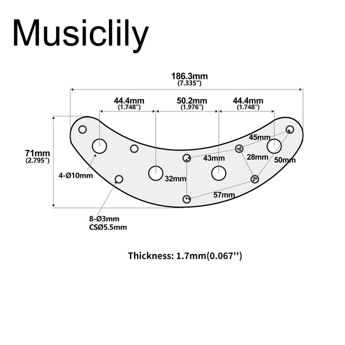 Dimensions of musiclily pro steel 4 hole bass control plate for music man style electric bass mx2638p
