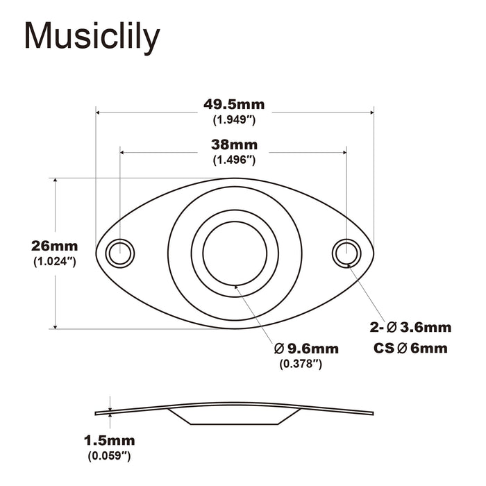 Dimensions of musiclily pro steel curved recessed oval football shape guitar jack plate for electric guitar bass mx2641p