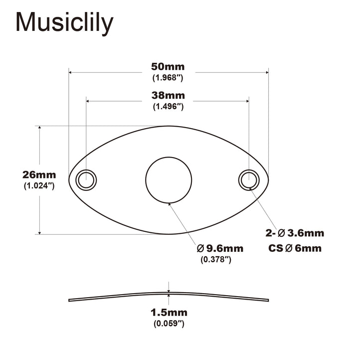 Dimensions of musiclily pro steel curved oval jack plate for electric guitar bass mx2642p