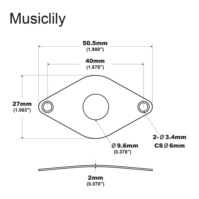 Dimensions of musiclily pro steel curved diamond jack socket plate 9 6mm hole for electric guitar bass mx2643p