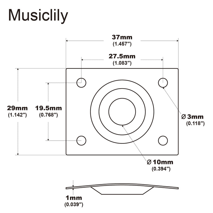 Dimensions of musiclily pro steel curved recessed rectangle jack socket plate 10mm hole for electric guitar bass mx2644p