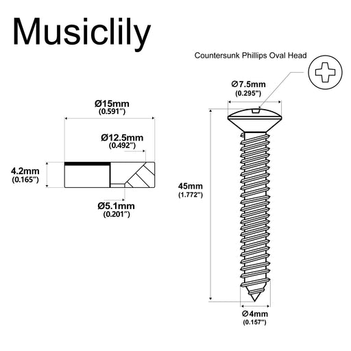 Dimensions of musiclily pro 15mm steel guitar neck joint ferrules bushings and bolts for electric guitar bass mx2707 4p