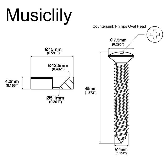 Dimensions of musiclily pro 15mm steel guitar neck joint ferrules bushings and bolts for electric guitar bass mx2707 4p