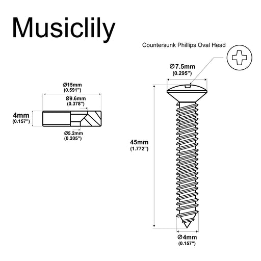 Dimensions of musiclily pro 15mm steel guitar neck mounting ferrules neck joint bushings and bolts for electric guitar bass mx2708 4p