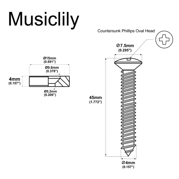 Dimensions of musiclily pro 15mm steel guitar neck mounting ferrules neck joint bushings and bolts for electric guitar bass mx2708 4p