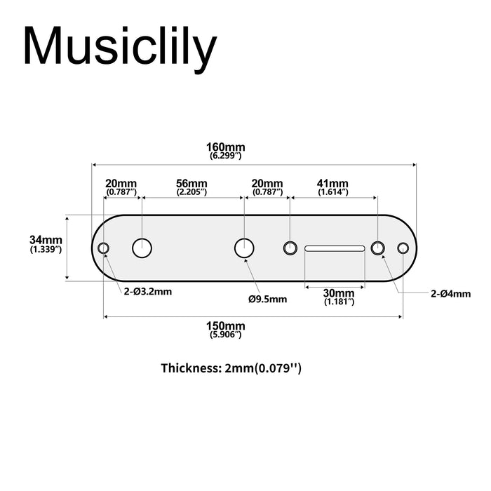 Dimensions of musiclily pro 34mm steel control plate for tele style electric guitar mx2724p