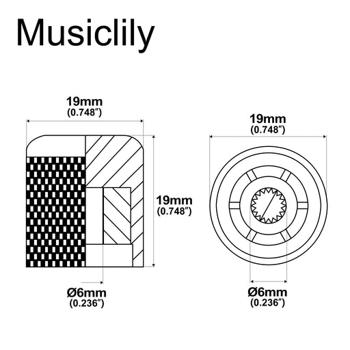 Dimensions of musiclily pro coarse 18 splines steel dome push on control knob 19mm for imported guitar bass mx2790 2p