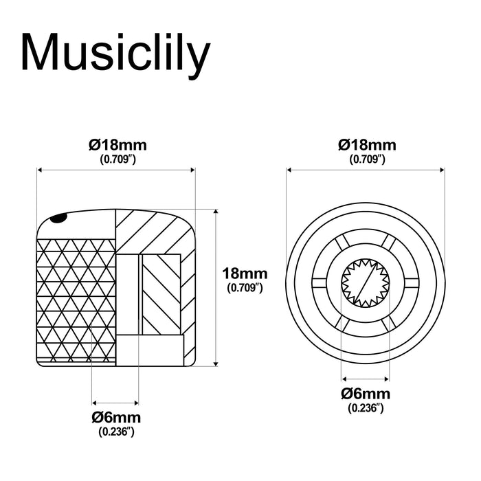 Dimensions of musiclily pro coarse 18 splines steel dome push on control knob with indicator dot for imported guitar bass mx2792 2p