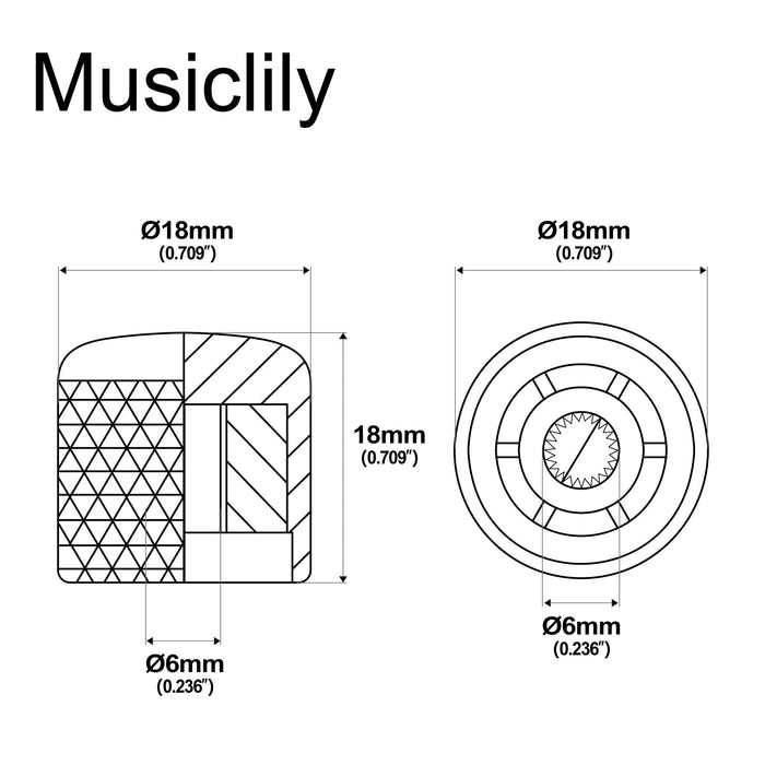 Dimensions of musiclily pro fine 24 splines steel dome push on control knob 18mm for usa made guitar bass potentiometers mx2794 2p