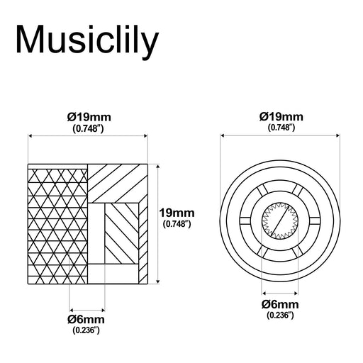 Dimensions of musiclily pro fine 24 splines steel flat top push on control knob 19mm for usa made guitar bass potentiometers mx2795 2p