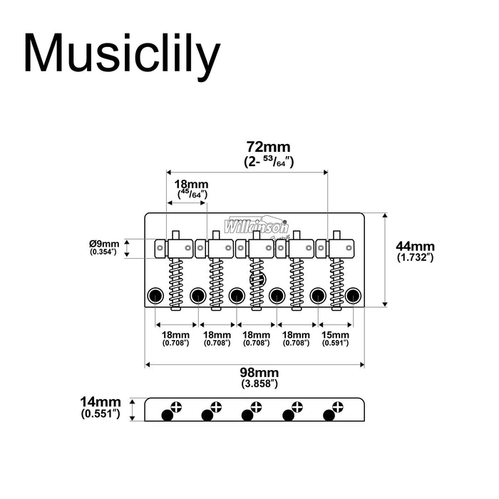 Dimensions of wilkinson wbbc5 18mm brass saddles steel plate 5 string bass bridge mx2815p
