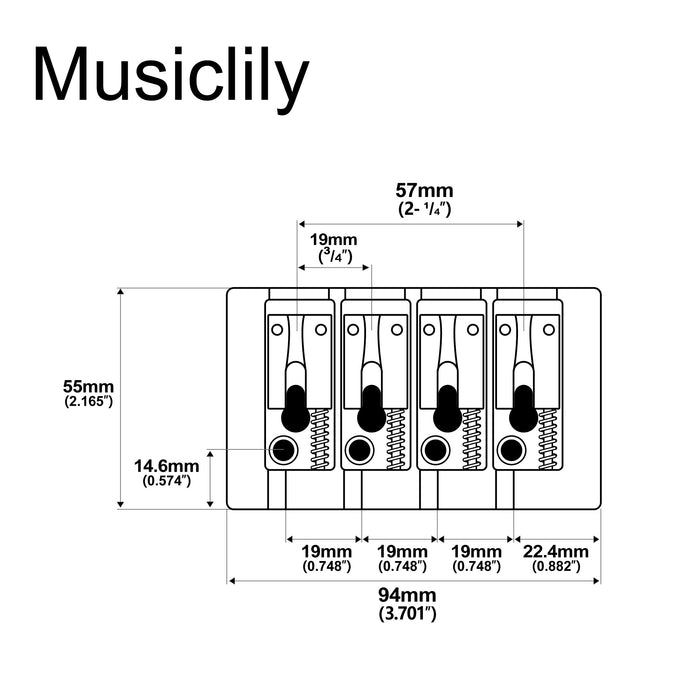 Dimensions of musiclily pro 19mm string spacing pre radiused hard zinc 4 string bass bridge mx2816p