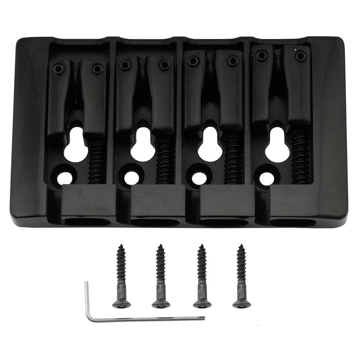 detail of musiclily pro 19mm string spacing pre radiused hard zinc 4 string bass bridge mx2816p