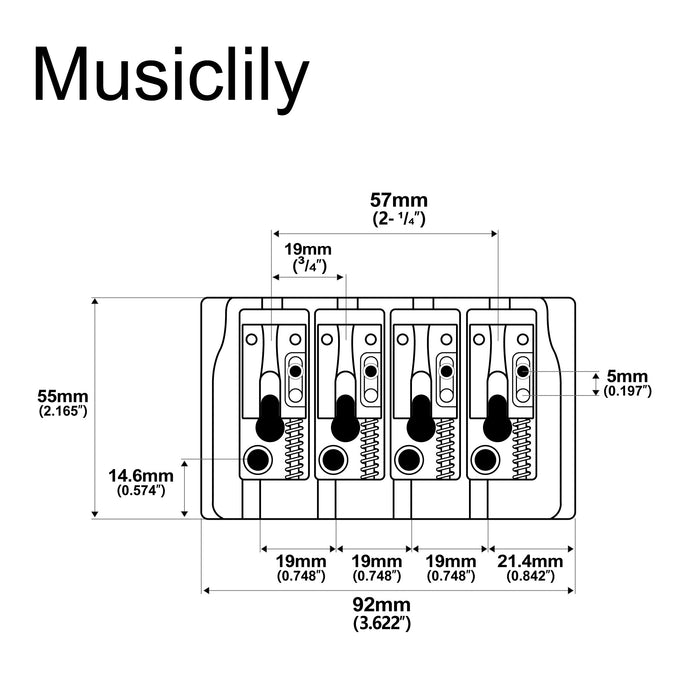 Dimensions of musiclily pro 19mm string spacing locking saddles hard zinc 4 string bass bridge mx2818p
