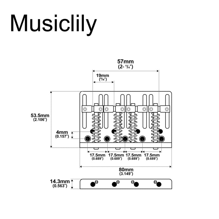 Dimensions of musiclily pro 57mm 2 1 4 inch string spacing hardtail brass saddles zinc alloy plate 4 string bass bridge mx2821p