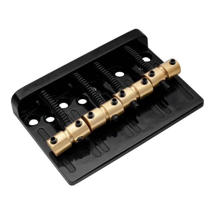 detail of musiclily pro 57mm 2 1 4 inch string spacing hardtail brass saddles zinc alloy plate 4 string bass bridge mx2821p
