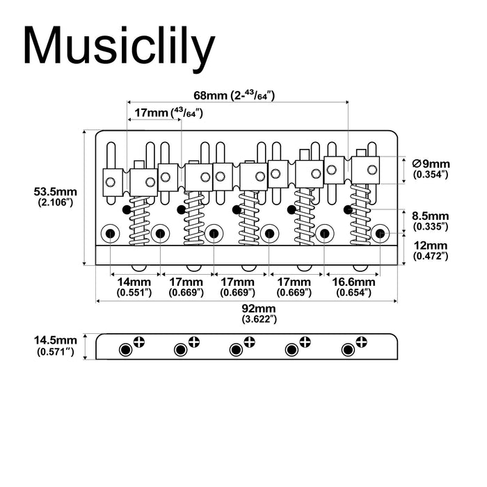 Dimensions of musiclily pro 17mm string spacing dual load heavy duty 5 string bass bridge with brass saddle mx2822p