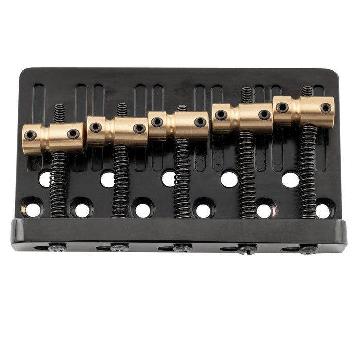 detail of musiclily pro 17mm string spacing dual load heavy duty 5 string bass bridge with brass saddle mx2822p