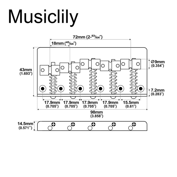 Dimensions of musiclily pro 18mm string spacing classic standard top loading 5 string bass bridge with brass saddle steel plate mx2823p