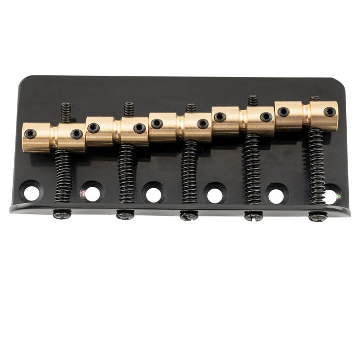 detail of musiclily pro 18mm string spacing classic standard top loading 5 string bass bridge with brass saddle steel plate mx2823p