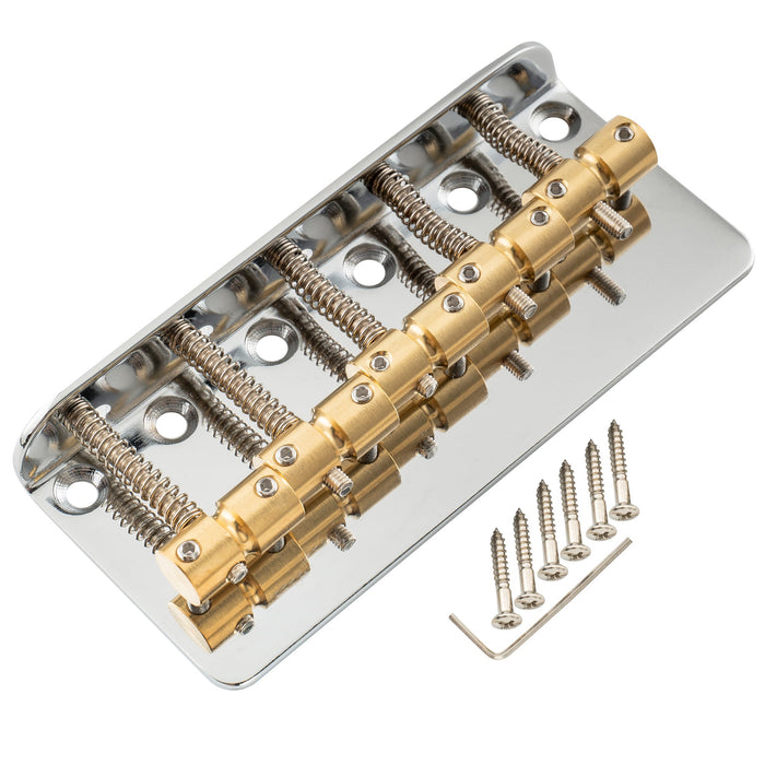 musiclily pro 18mm string spacing classic standard top loading 5 string bass bridge with brass saddle steel plate mx2823p, chrome
