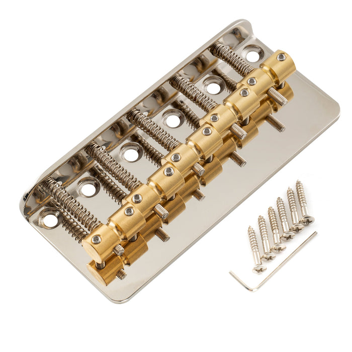 musiclily pro 18mm string spacing classic standard top loading 5 string bass bridge with brass saddle steel plate mx2823p, nickel