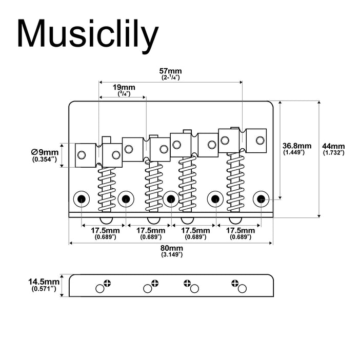 Dimensions of musiclily pro 19mm string spacing classic standard top loading 4 string bass bridge with brass saddle steel plate mx2824p