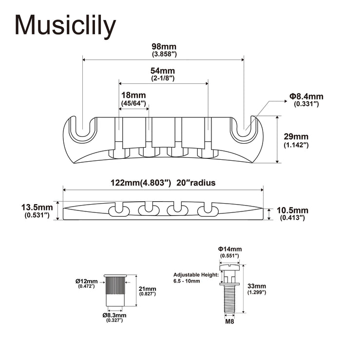 Dimensions of musiclily pro 18mm string spacing zinc alloy 4 string bass tailpiece mx2826p